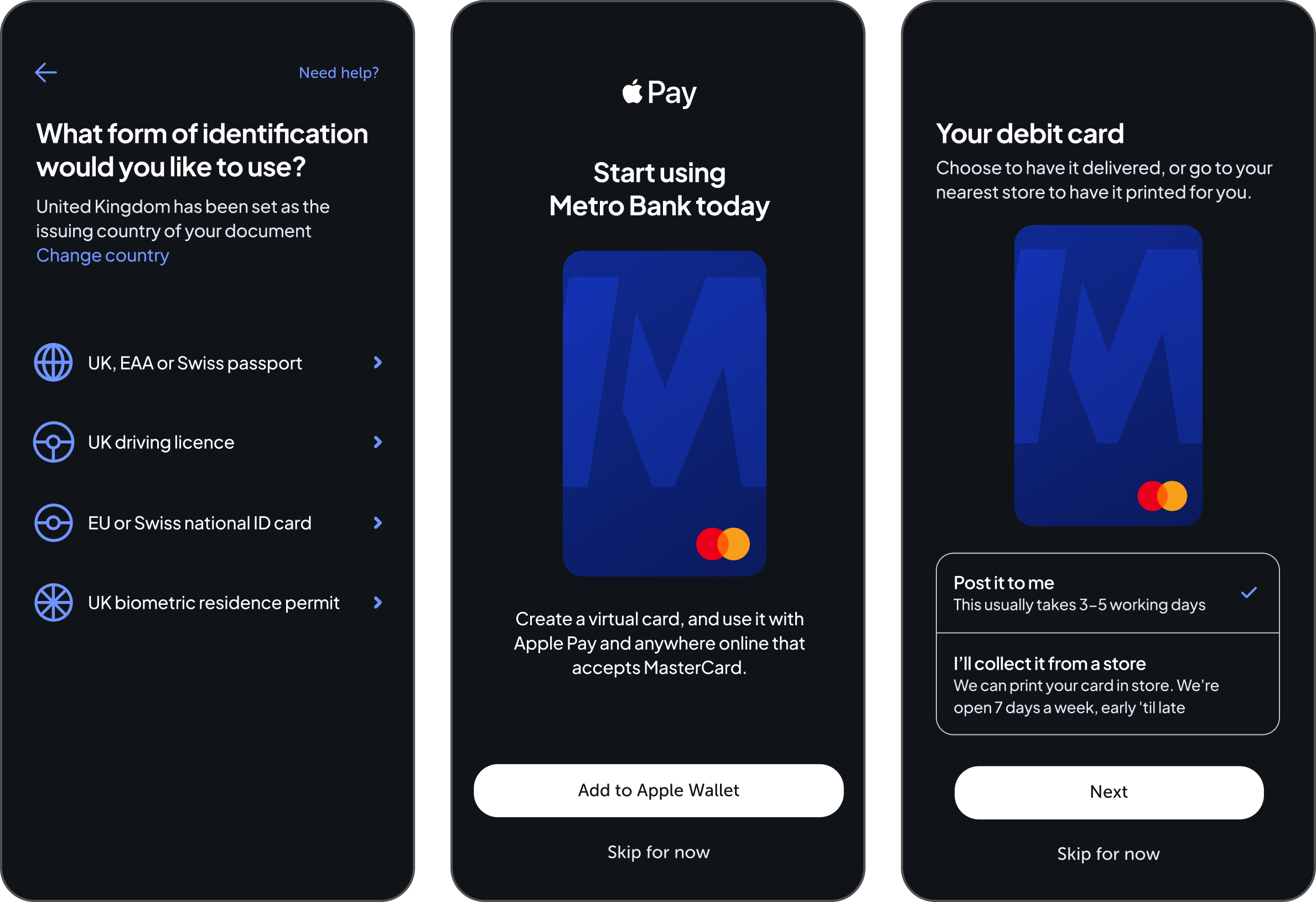 Metro Bank ID verification and card setup screens