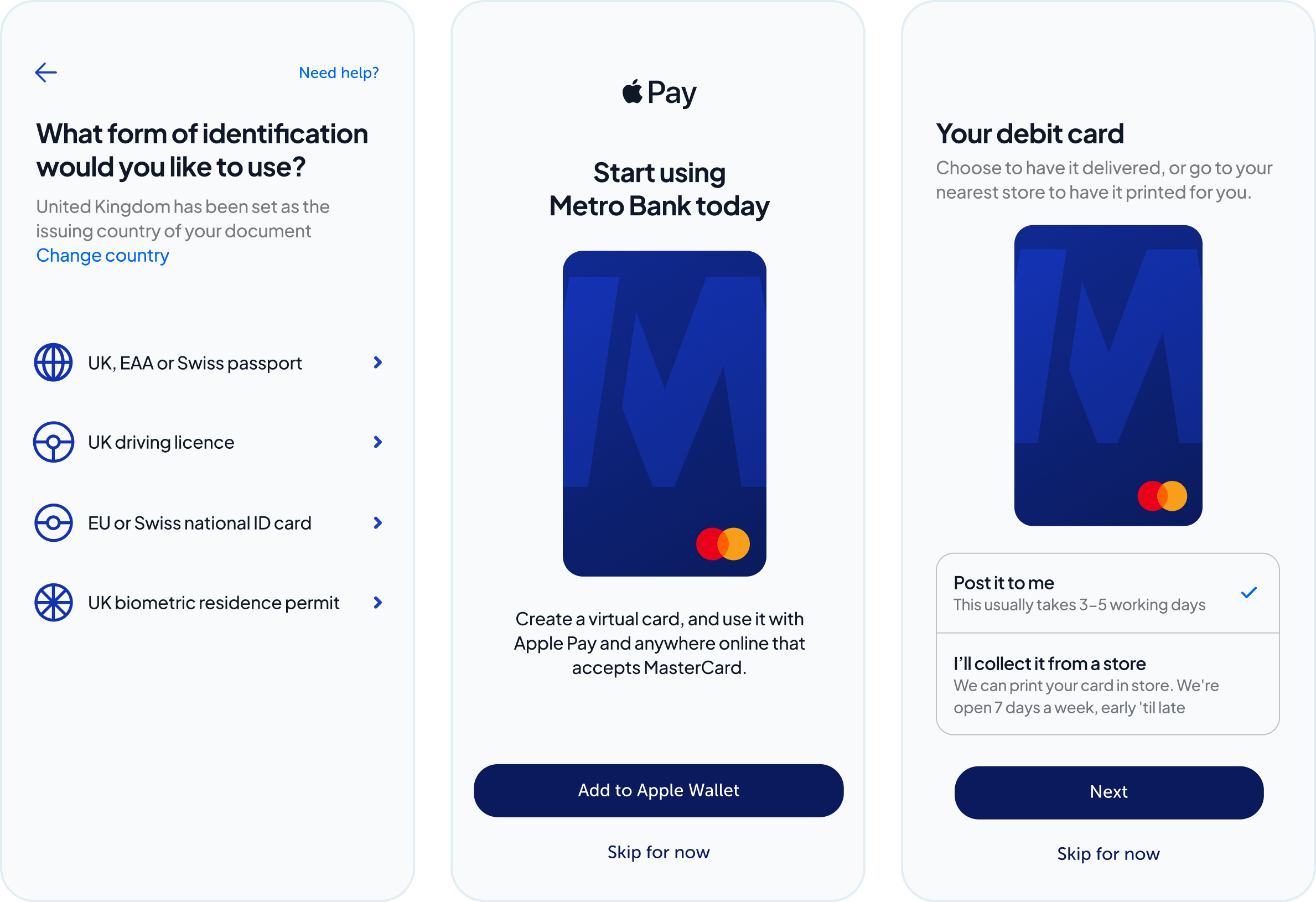 Metro Bank ID verification and card setup screens