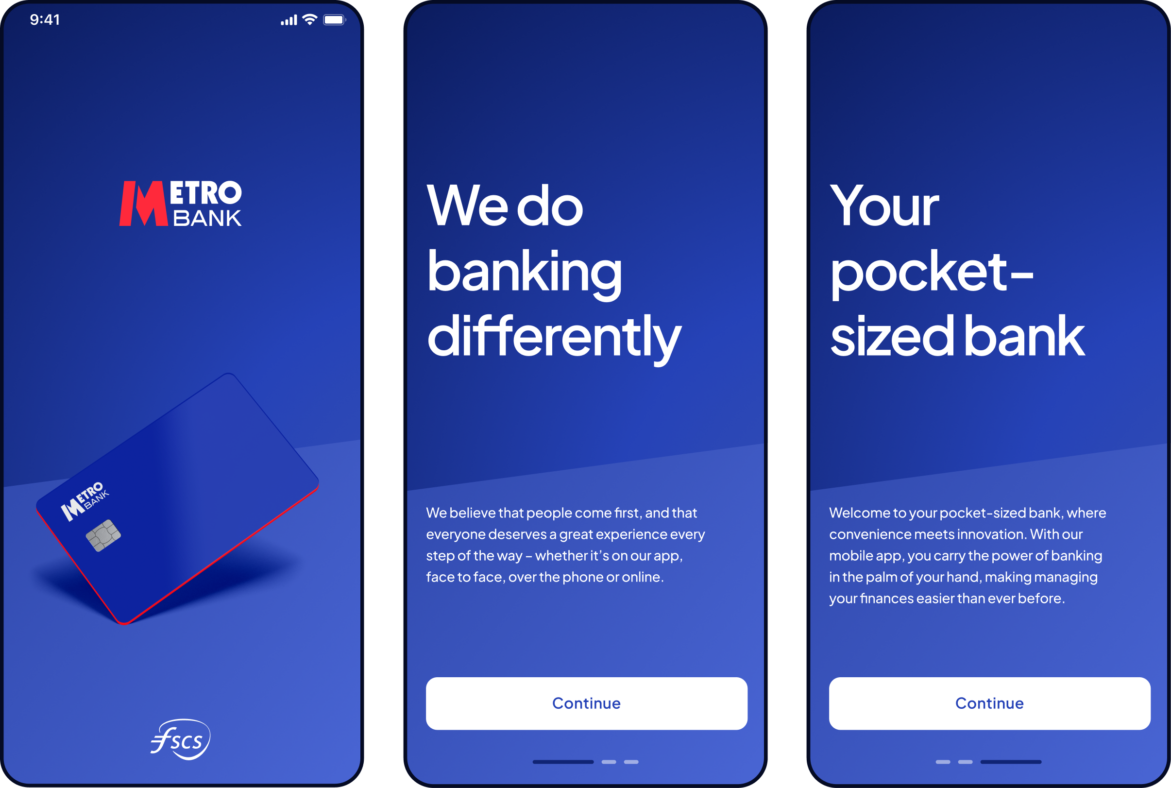 Metro Bank mobile app onboarding screens