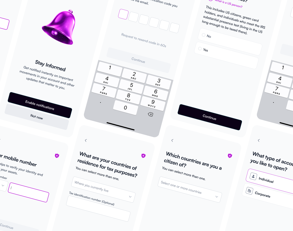 Swiss crypto bank onboarding screens